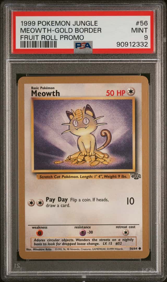 1999 POKEMON JUNGLE PROMO #56 MEOWTH-GOLD BORDER FRUIT ROLL PROMO PSA 9
