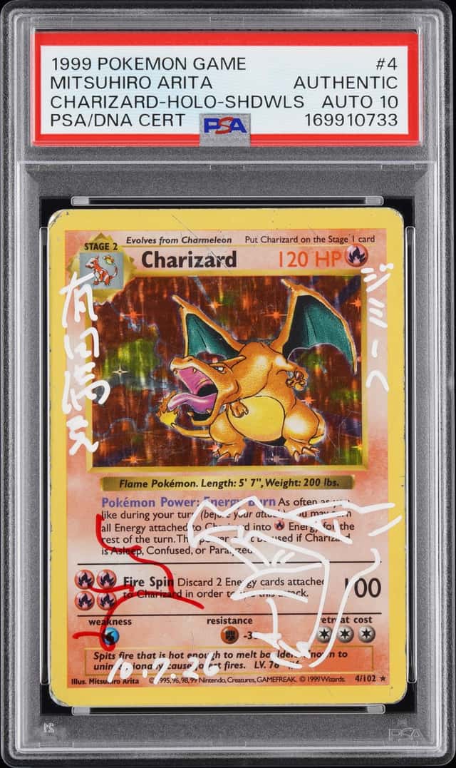 Mitsuhiro Arita Signed 1999 Pokemon #4 Charizard Holo Shadowless PSA/DNA AUTO 10