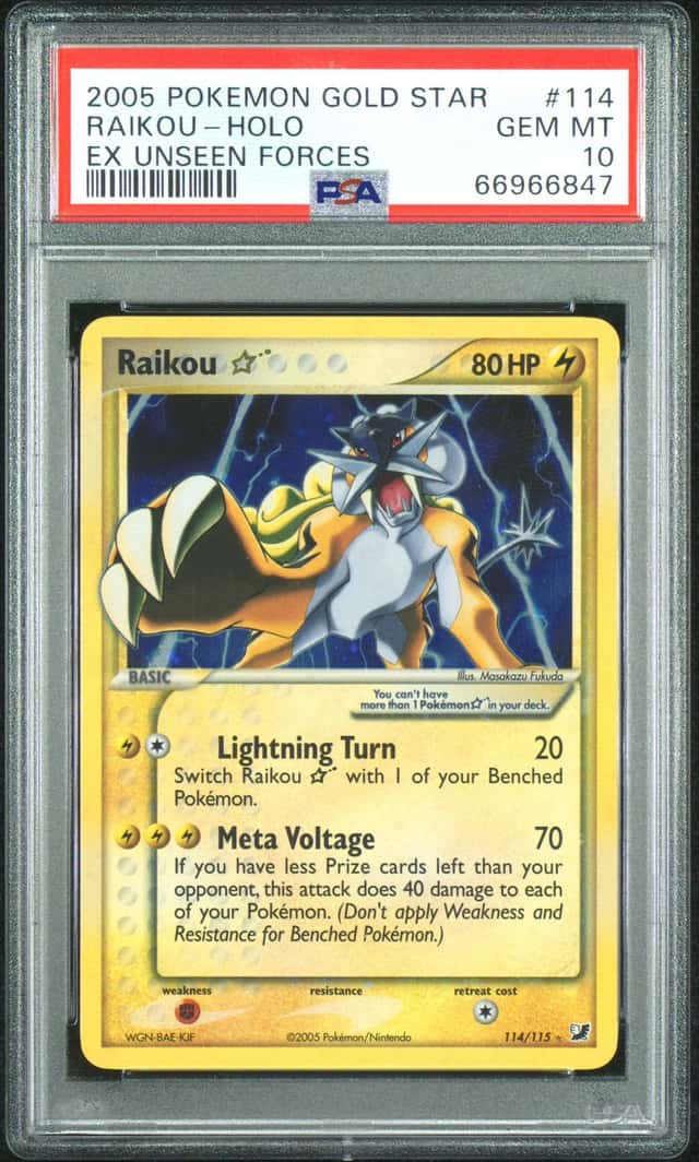 2005 POKEMON EX UNSEEN FORCES GOLD STAR #114 RAIKOU-HOLO PSA 10
