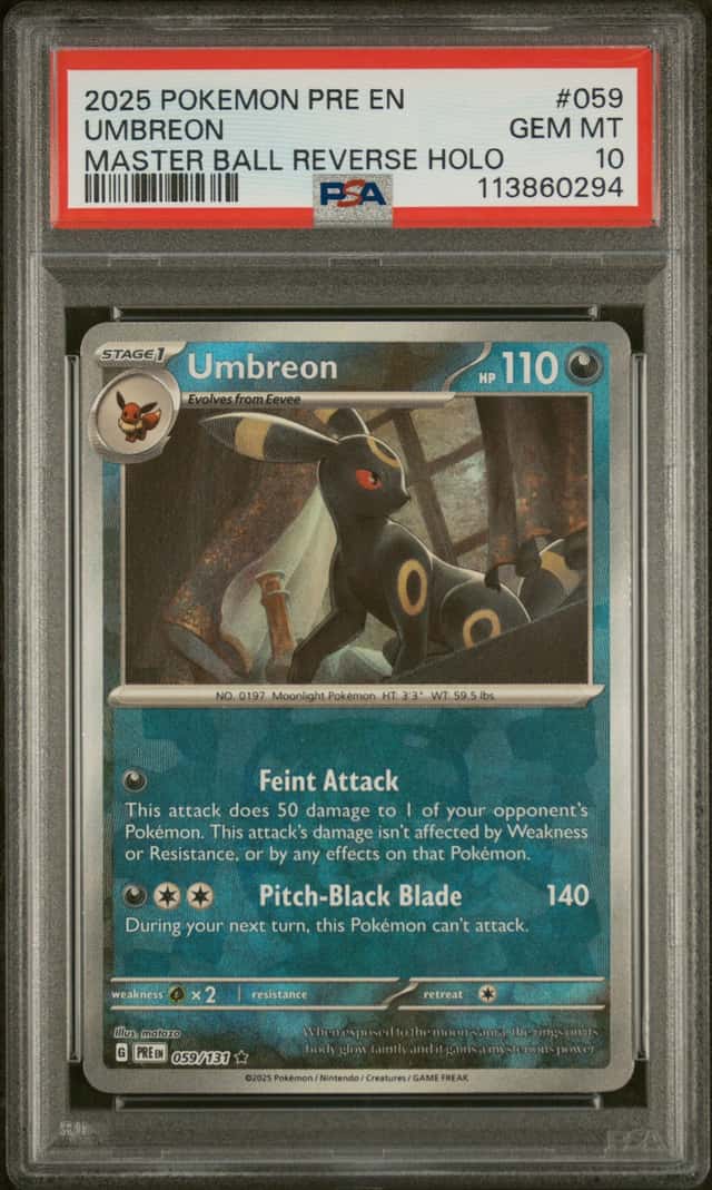Pokemon Prismatic Evolutions Umbreon Master Ball Reverse Holo 059/131, PSA 10