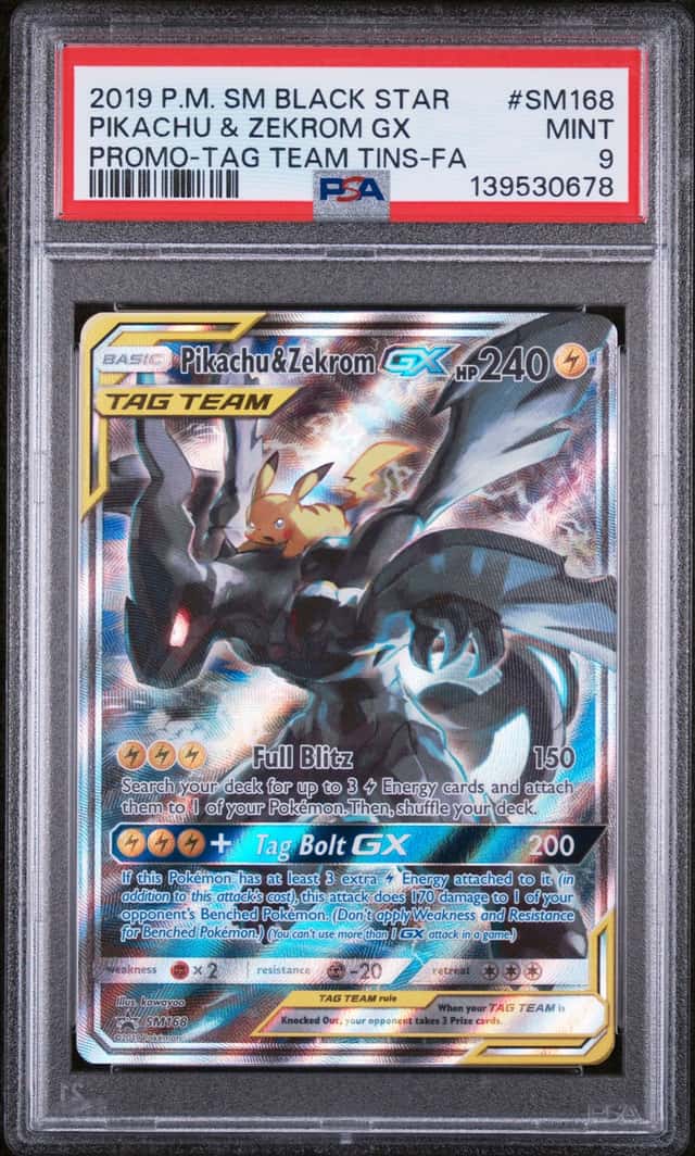 2019 Pokemon SM BSP Tag Team Tins #168 FA Pikachu & Zekrom GX PSA 9 MINT
