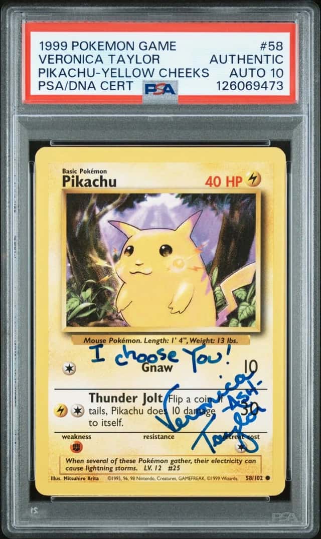 1999 POKEMON BASE SET YELLOW CHEEK V.TAYLOR SIGNED PIKACHU PSA AUTHENTIC AUTO 10