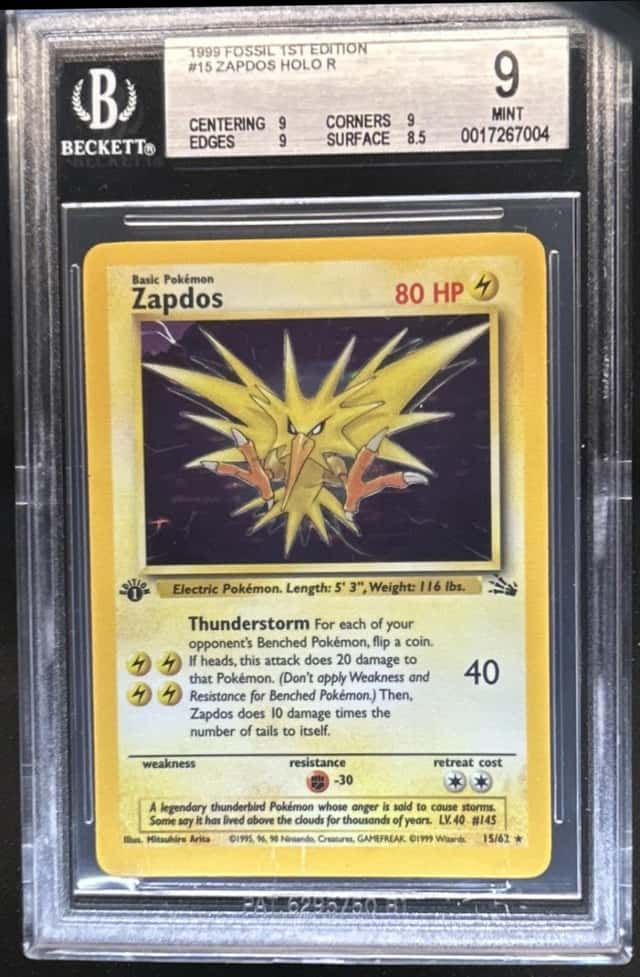 1999 Pokemon Fossil 1st Edition Zapdos #15/62 BGS 9