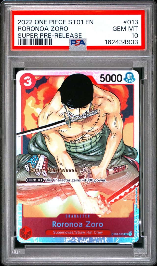 One Piece Roronoa Zoro Straw Hat Crew St01-013 Super Pre-Release PSA 10 Gem Mint
