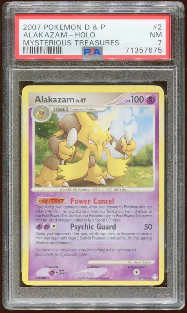 2007 POKEMON D & P MYSTERIOUS TREASURES ALAKAZAM LV. 47 #2/123 HOLO PSA 7 E8
