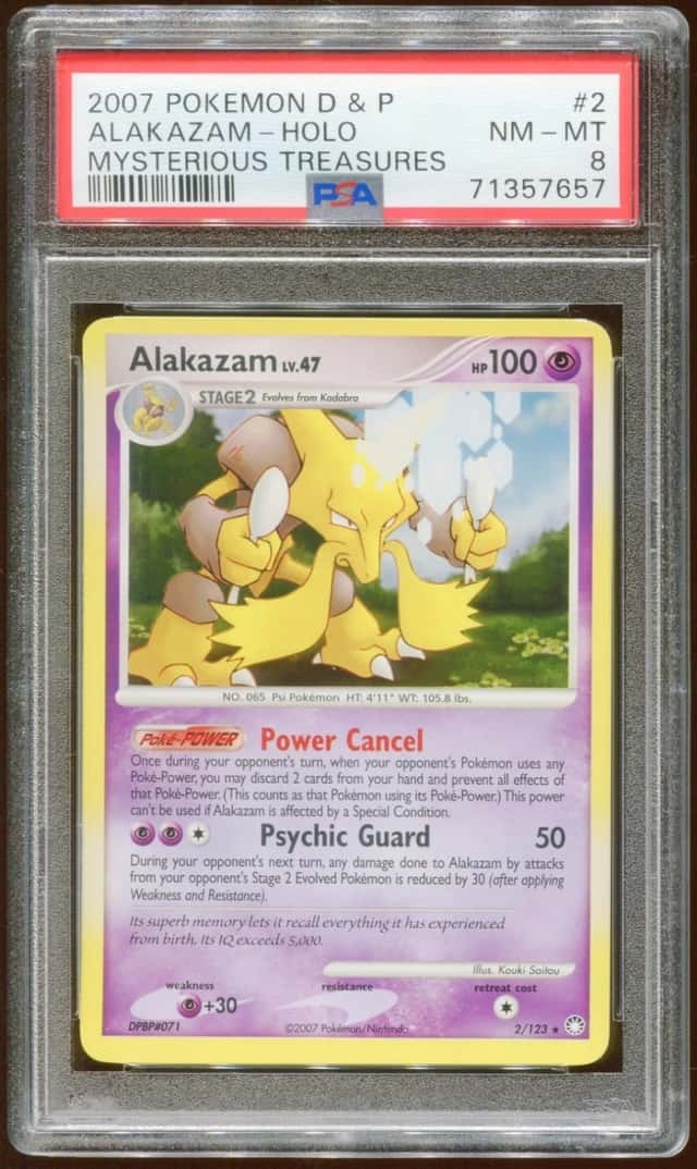 2007 POKEMON D & P MYSTERIOUS TREASURES ALAKAZAM LV. 47 #2/123 HOLO PSA 8 A E8