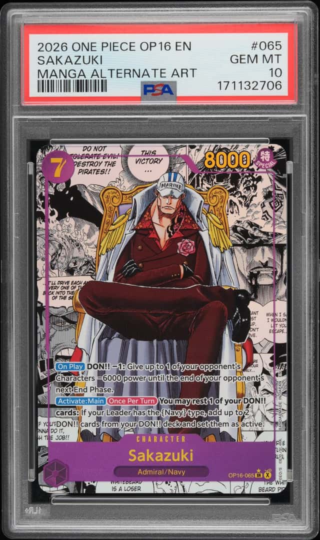 2026 ONE PIECE OP16-THE TIME OF BATTLE MANGA ALTERNATE ART #065 SAKAZUKI PSA 10