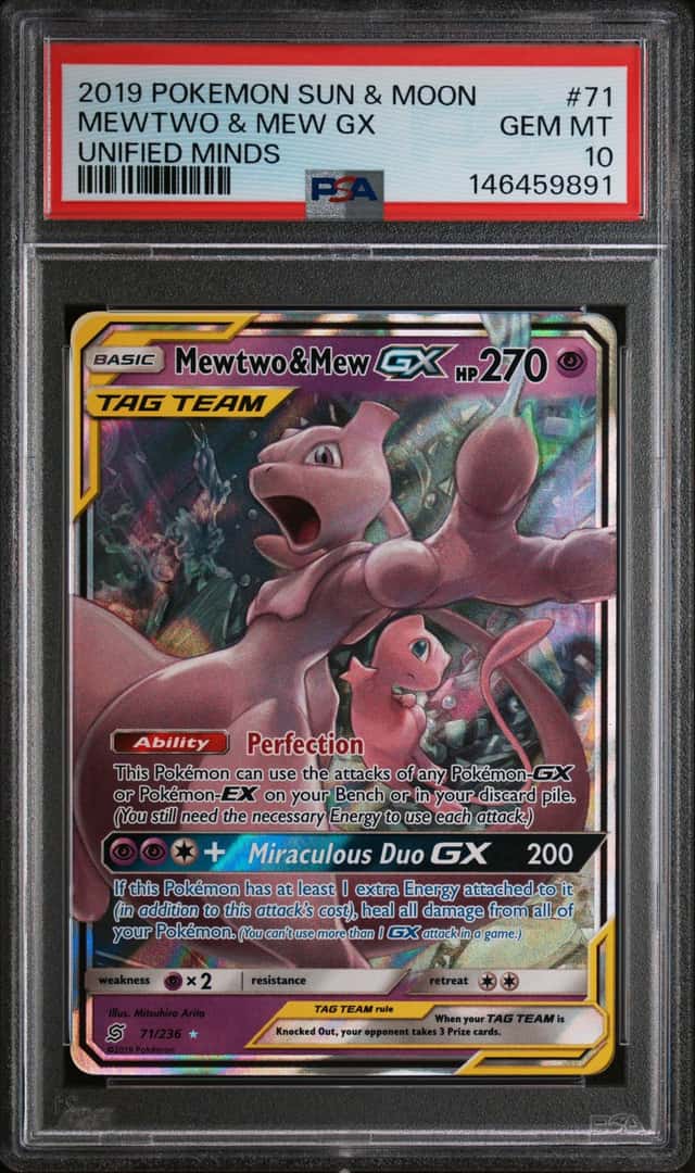 2019 POKEMON MEWTWO & MEW GX SUN & MOON UNIFIED MINDS #71 PSA 10