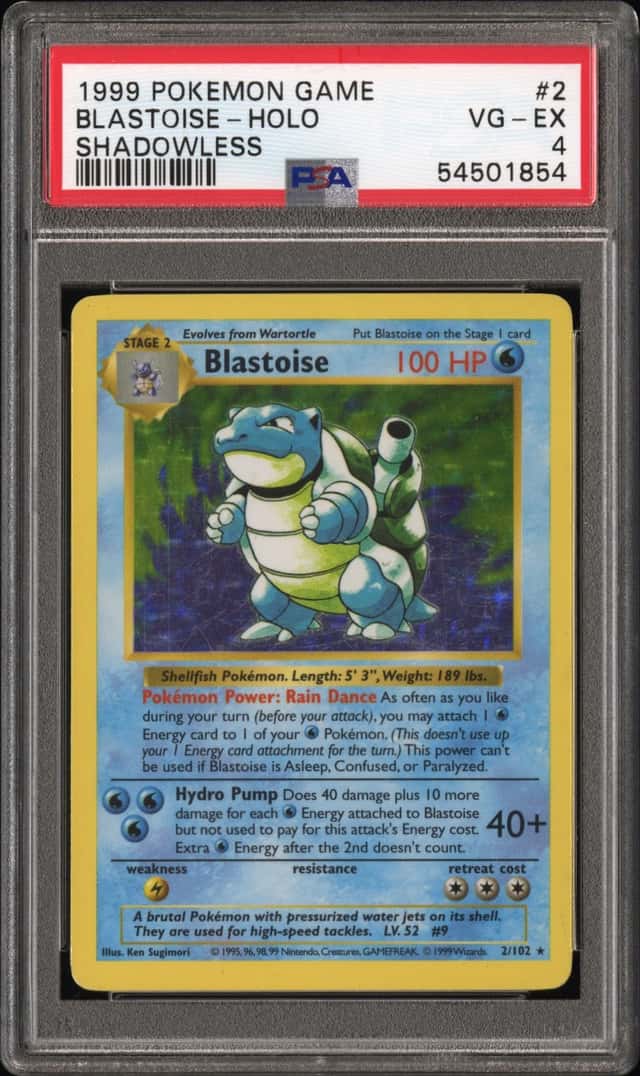 1999 POKEMON BASE SET SHADOWLESS #2 BLASTOISE-HOLO PSA 4