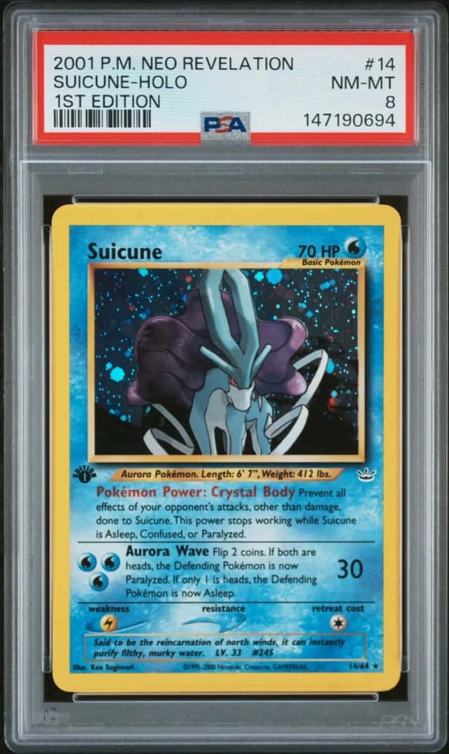 2001 POKEMON NEO REVELATION 1ST EDITION #14 SUICUNE-HOLO PSA 8