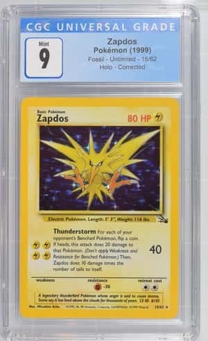 1999 Pokemon Zapdos 15/62 Fossil Unlimited Corrected Holo Rare CGC 9 Mint 9058