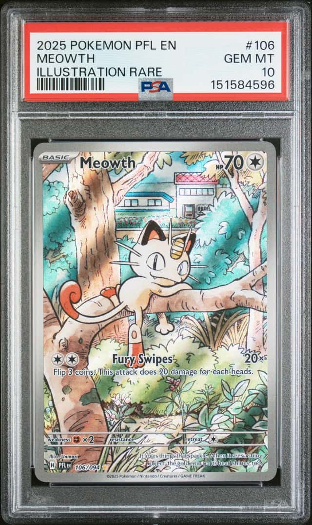 Pokemon Me02 Phantasmal Flames Meowth Illustration Rare Holo 106/094 PSA 10