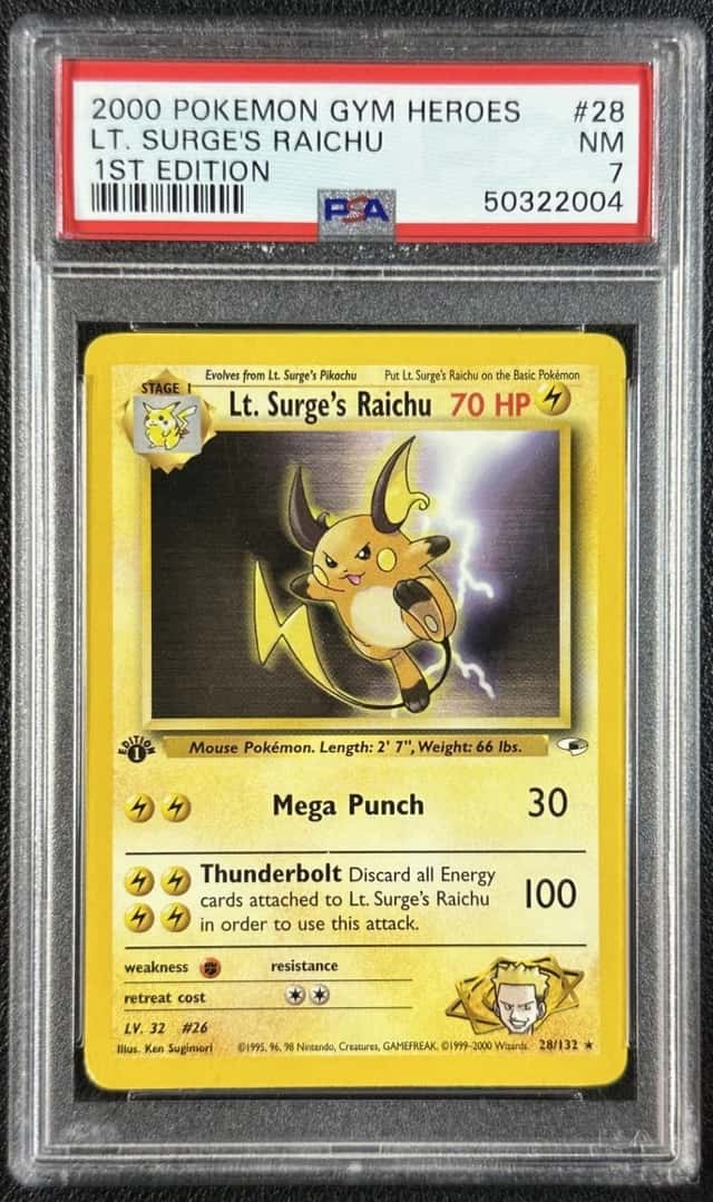 LT. SURGE'S RAICHU PSA 7 2000 POKEMON GYM HEROES #28/132 1ST EDITION 004
