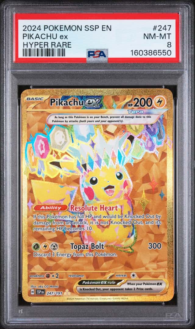 Pokemon 2024 Sv08 Surging Sparks Pikachu ex 247/191 PSA 8 EN Full Art Holo