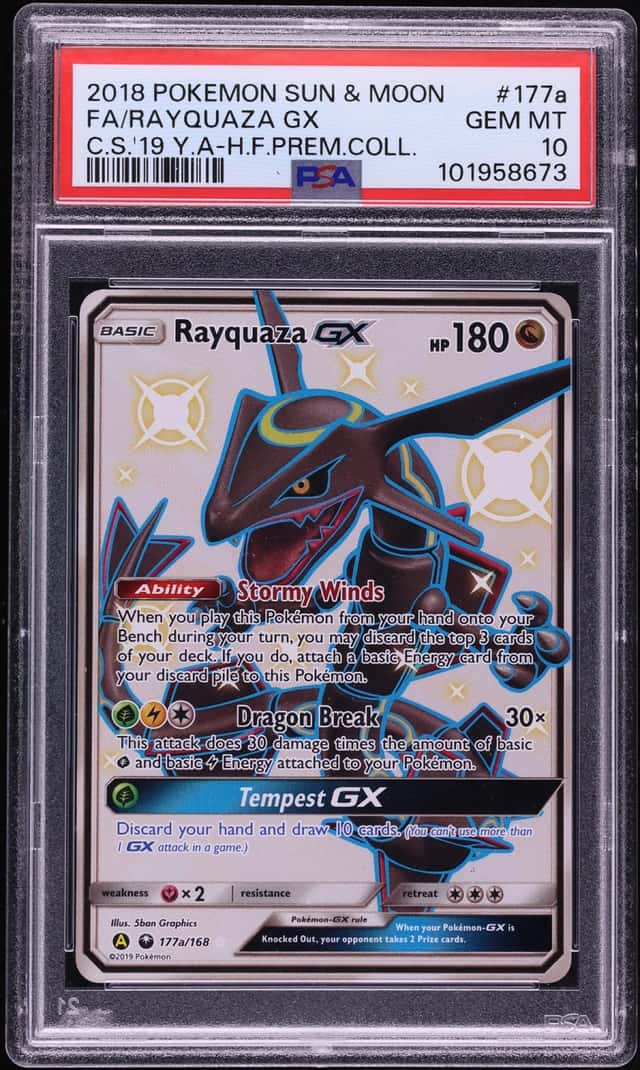 2018 Pokemon Sun & Moon Hidden Fates Premium Full Art Shiny Rayquaza GX #177a PSA 10 GEM MINT