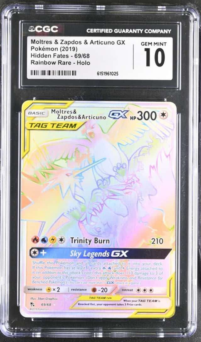 2019 Pokemon Hidden Fates Moltres & Zapdos & Articuno GX Rainbow Rare #69 CGC 10