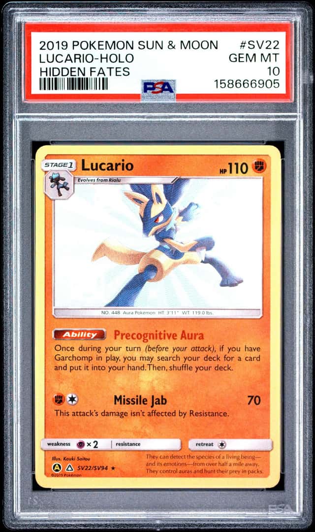 2019 Pokemon Lucario SV22/SV94 PSA 10 Hidden Fates: Shiny Vault Holo Gem Mint