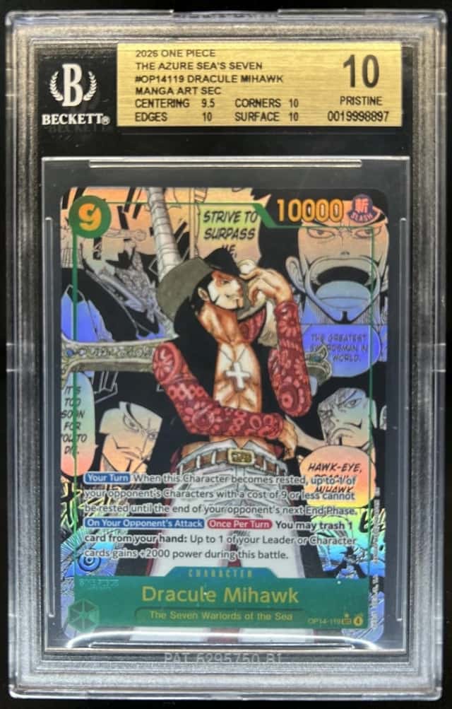2026 One Piece Dracule Mihawk Secret Rare Manga Alt Art OP14-119 BGS 10 PRISTINE