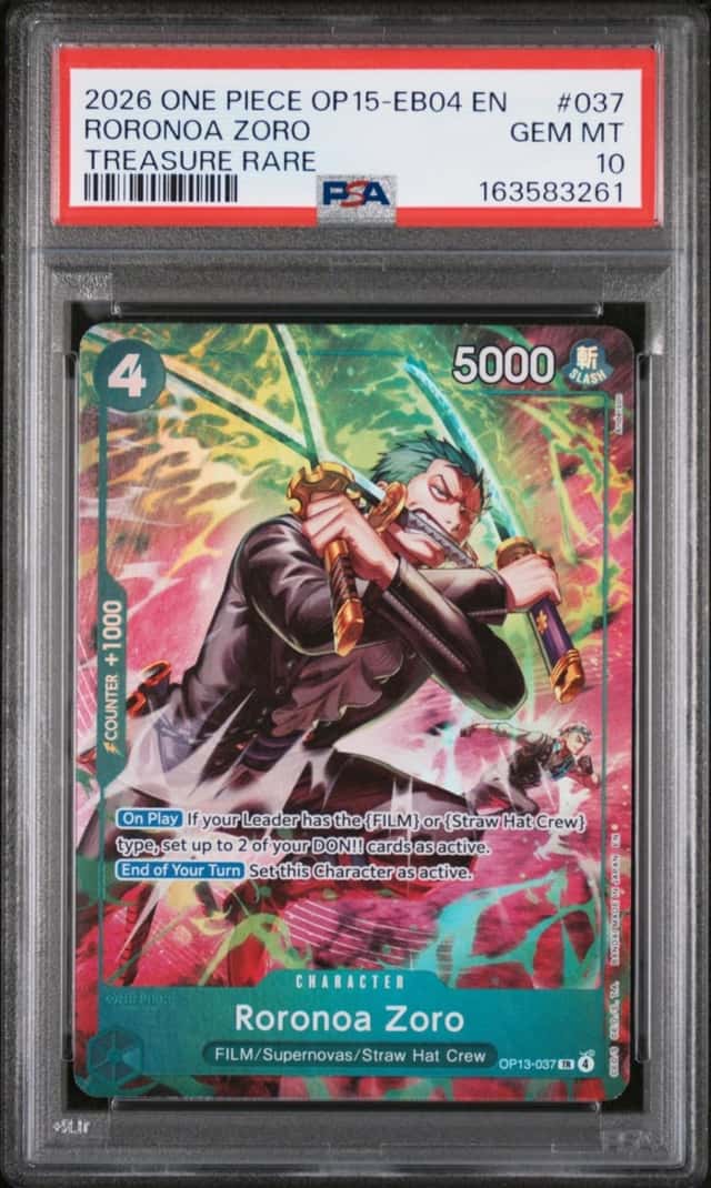 2026 ONE PIECE OP15-EB04-ADVENTURE ON KAMI'S ISLAND #037 RORONOA ZORO PSA 10