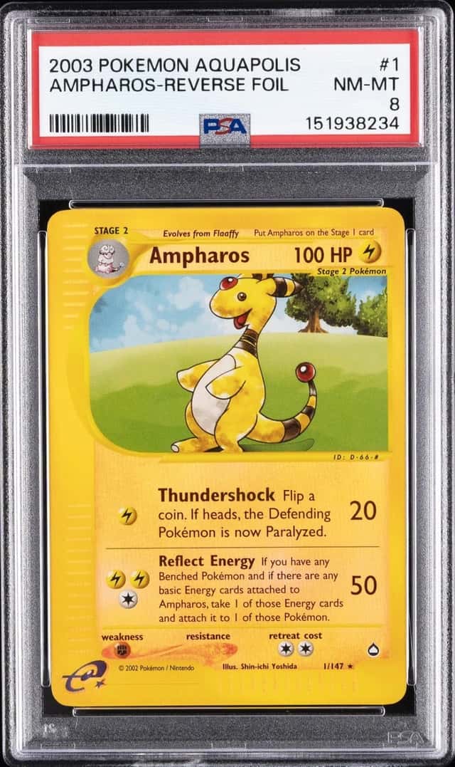 2003 POKEMON AQUAPOLIS #1 AMPHAROS-REVERSE FOIL PSA 8