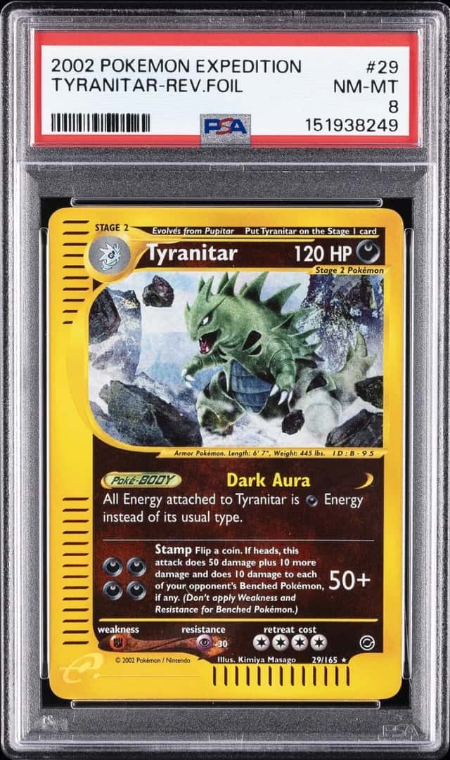 2002 POKEMON EXPEDITION #29 TYRANITAR-REVERSE FOIL PSA 8