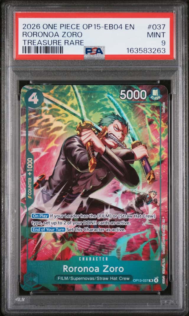 2026 ONE PIECE OP15-EB04-ADVENTURE ON KAMI'S ISLAND #037 RORONOA ZORO PSA 9
