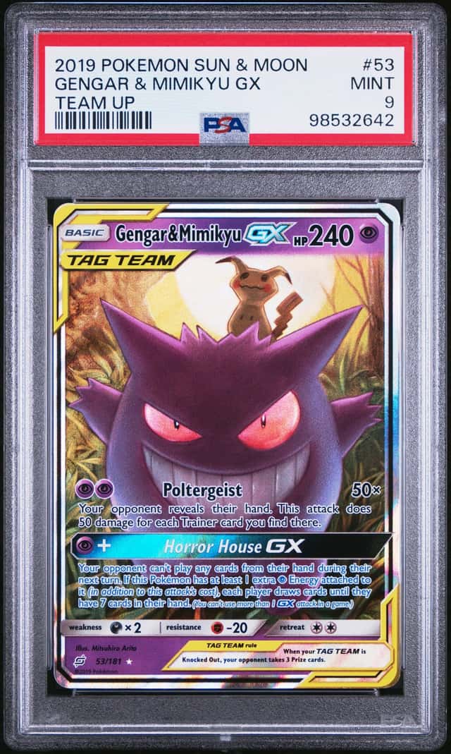 2019 POKEMON TEAM UP GENGAR & MIMIKYU GX #53/181 TAG TEAM ULTRA RARE HOLO PSA 9