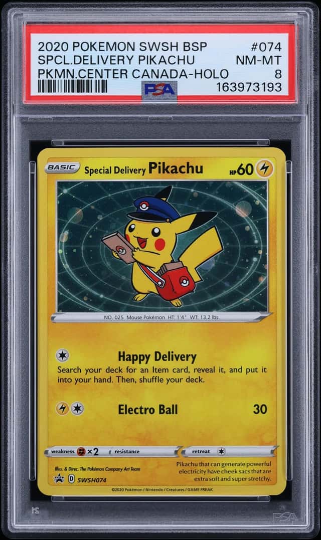 2020 Pokemon SWSH Promo Center Canada Holo Special Delivery Pikachu #SWSH074 PSA 8 NM-MT
