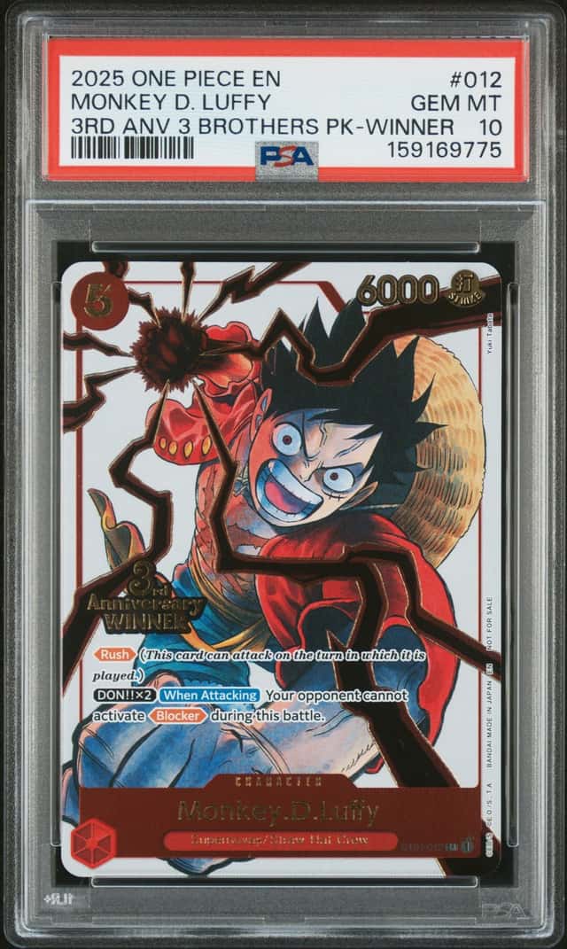 ONE PIECE MONKEY D. LUFFY 2025 3RD ANNIV TOURN 3 BROS PACK #012  WINNER PSA 10