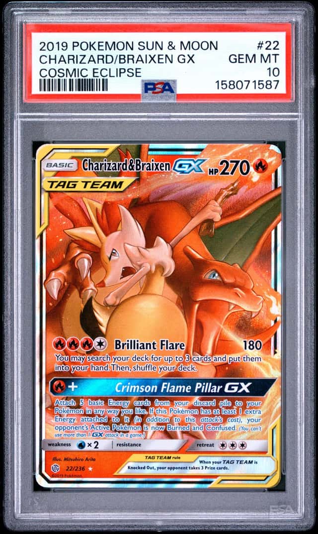 2019 POKEMON SUN & MOON COSMIC ECLIPSE #22 CHARIZARD & BRAIXEN GX PSA 10
