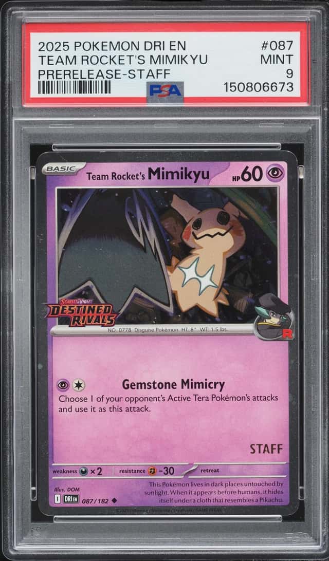 2025 Pokemon Scarlet & Violet Destined Rivals Prerelease Staff Team Rocket's Mimikyu #87 PSA 9