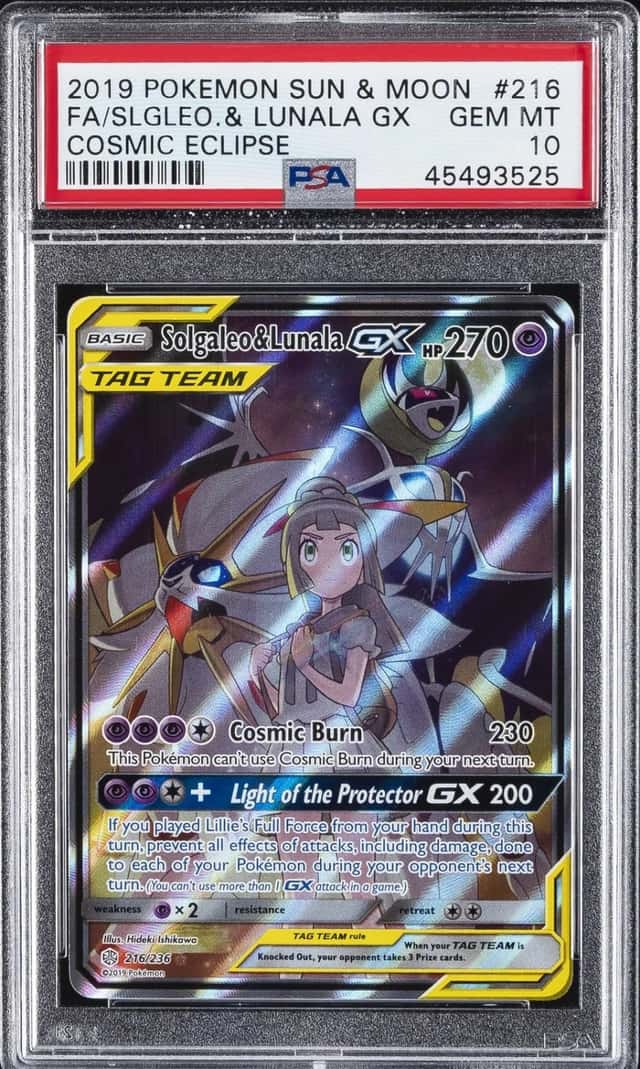 2019 POKEMON SUN & MOON COSMIC ECLIPSE #216 FULL ART/SOLGALEO & LUNALA GX PSA 10