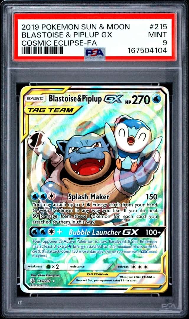 2019 POKEMON SUN & MOON COSMIC ECLIPSE #215 FULL ART/BLASTOISE & PIPLUP GX PSA 9