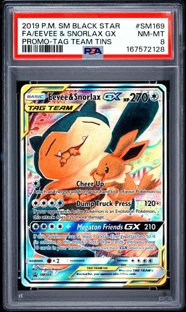 2019 POKEMON SM  TAG TEAM TINS FULL ART/EEVEE & SNORLAX GX PSA 8