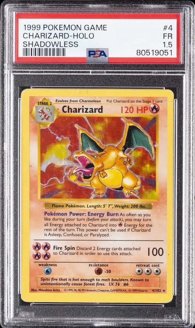 1999 POKEMON BASE SET SHADOWLESS #4 CHARIZARD-HOLO PSA 1.5
