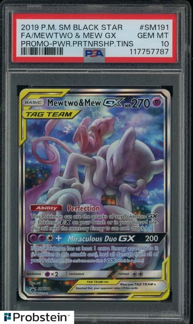 2019 Pokemon SM BSP Power Partnership Tins #SM191 FA Mewtwo & Mew GX PSA 10