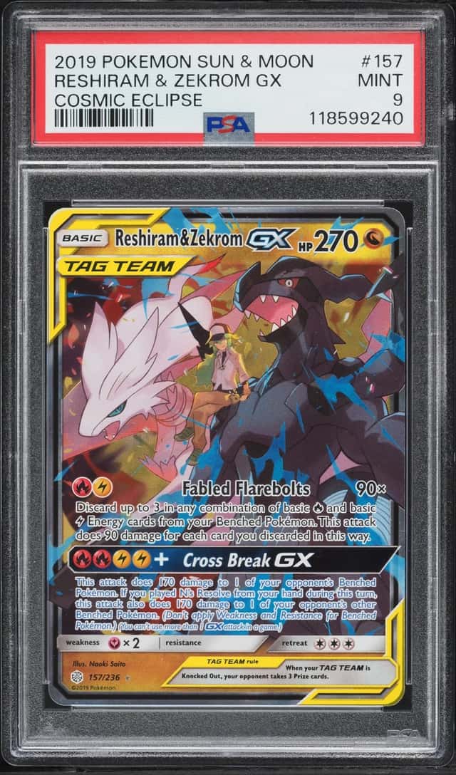 2019 Pokemon Sun & Moon Cosmic Eclipse Holo Reshiram & Zekrom GX #157 PSA 9 MINT
