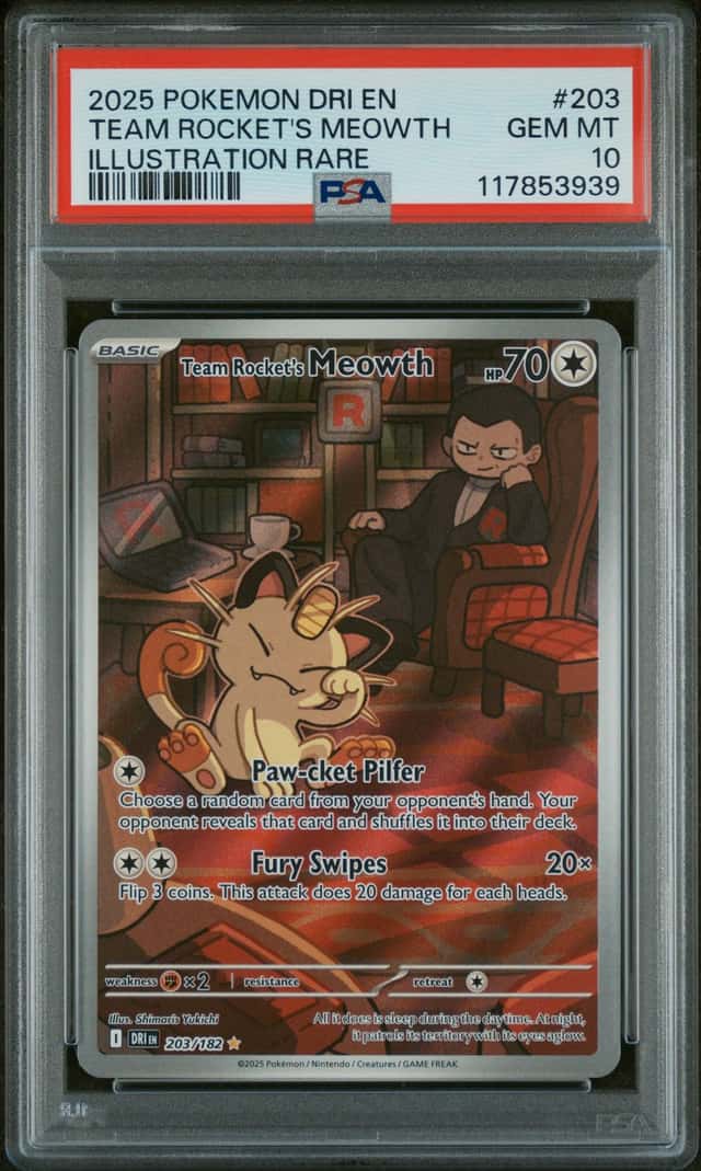 117853939 Team Rocket's Meowth 2025 Pokemon Destined Rivals #203 PSA 10