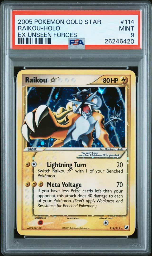 Pokemon 2005 Raikou 114/115 Holo Gold Star EX Unseen Forces PSA 9