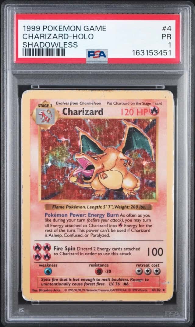 1999 POKEMON BASE SET SHADOWLESS #4 CHARIZARD-HOLO PSA 1