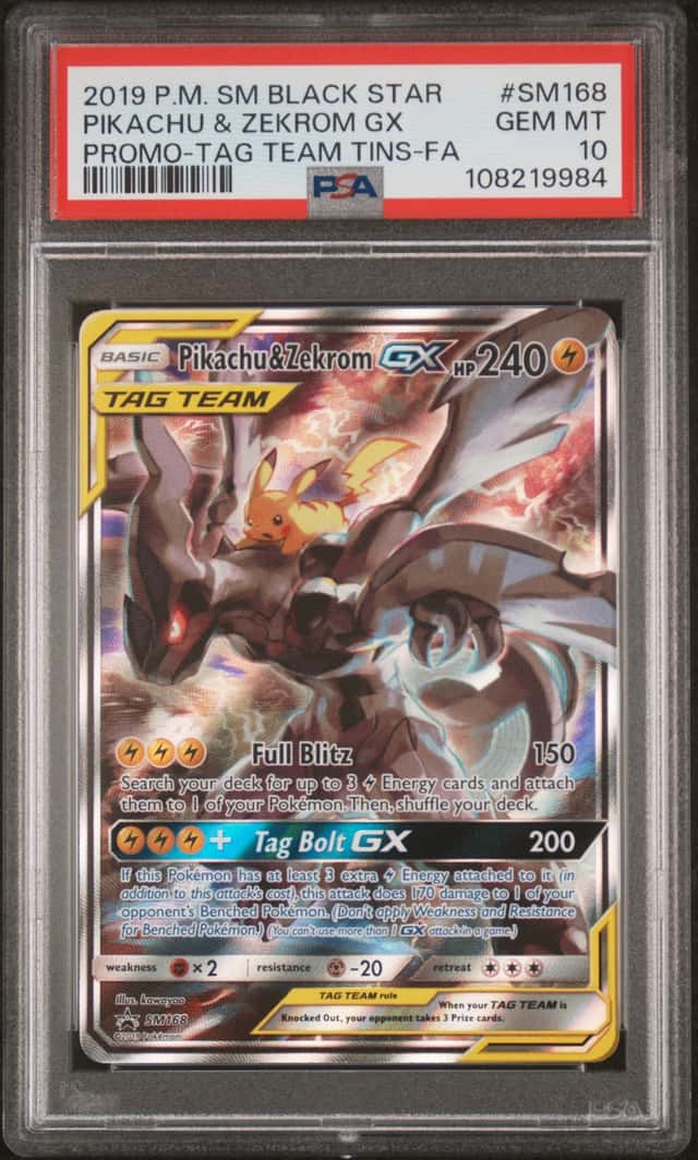 2019 Pokemon SM BSP Tag Team Tins #SM168 Pikachu & Zekrom GX PSA 10
