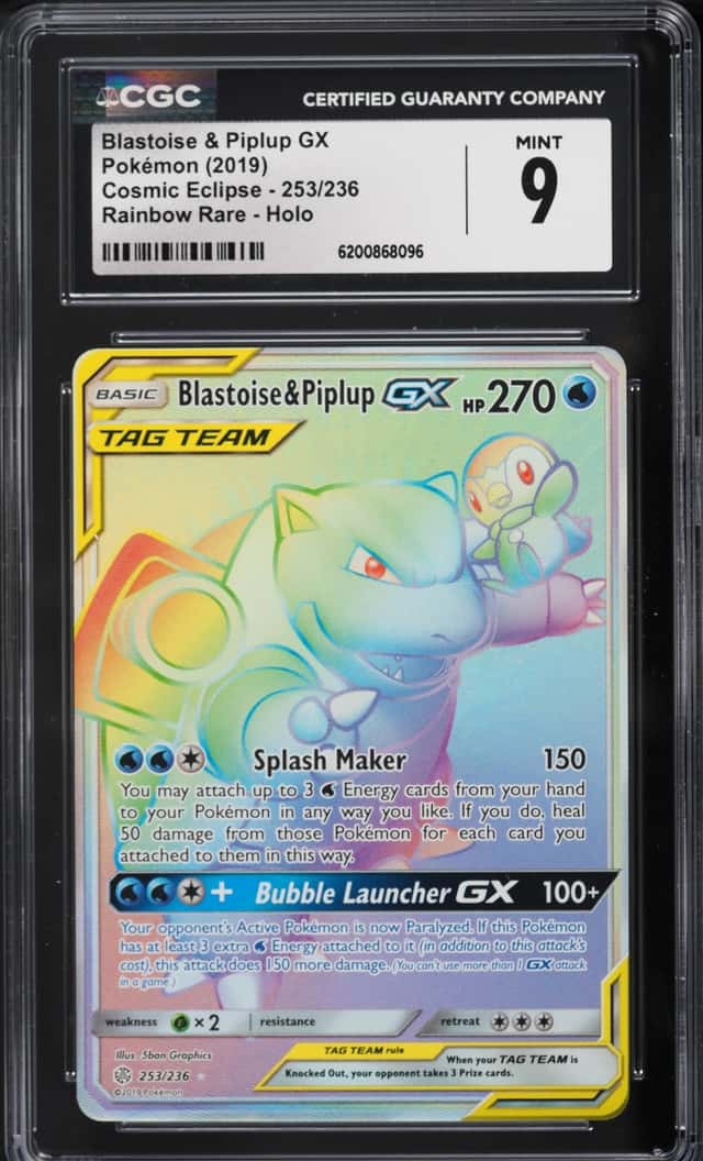 2019 Pokemon Sun & Moon Cosmic Eclipse Rainbow Rare Blastoise & Piplup GX #253 CGC 9 MINT