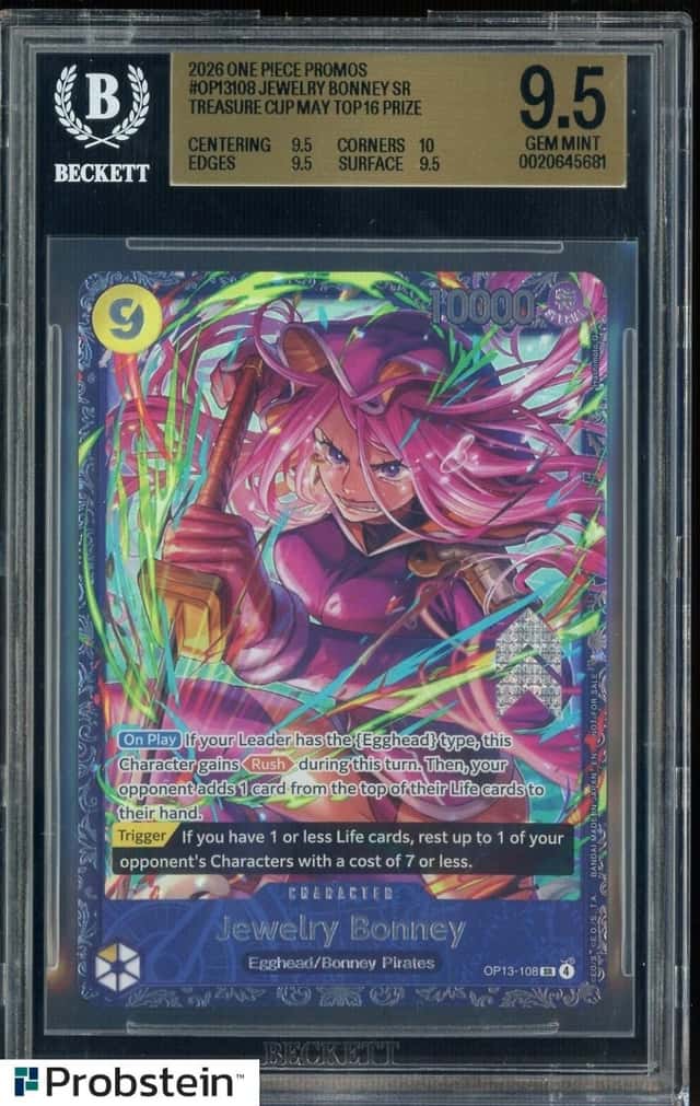 2026 One Piece Promos OP13108 Jewelry Bonney Treasure Cup Top 16 Prize BGS 9.5