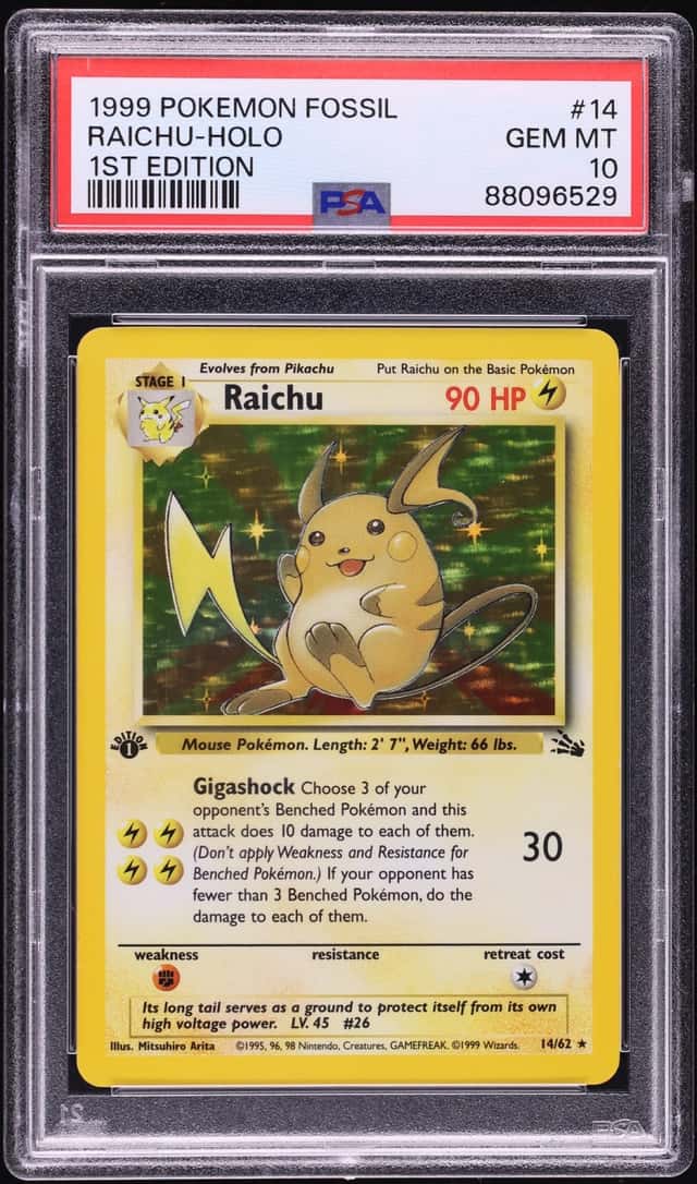 1999 Pokemon Fossil 1st Edition Holo Raichu #14 PSA 10 GEM MINT