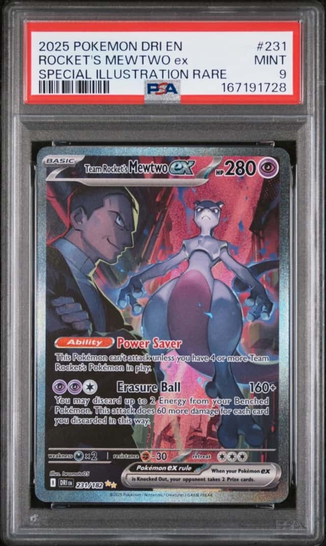 2025 POKEMON DESTINED RIVALS SPECIAL ILLUSTRATION TEAM ROCKET'S MEWTWO EX PSA 9