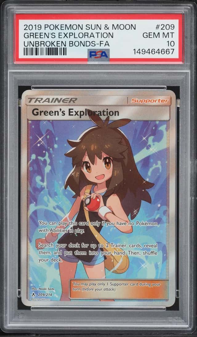 2019 Pokemon Sun & Moon Unbroken Bonds Full Art Green's Exploration #209 PSA 10 GEM MINT