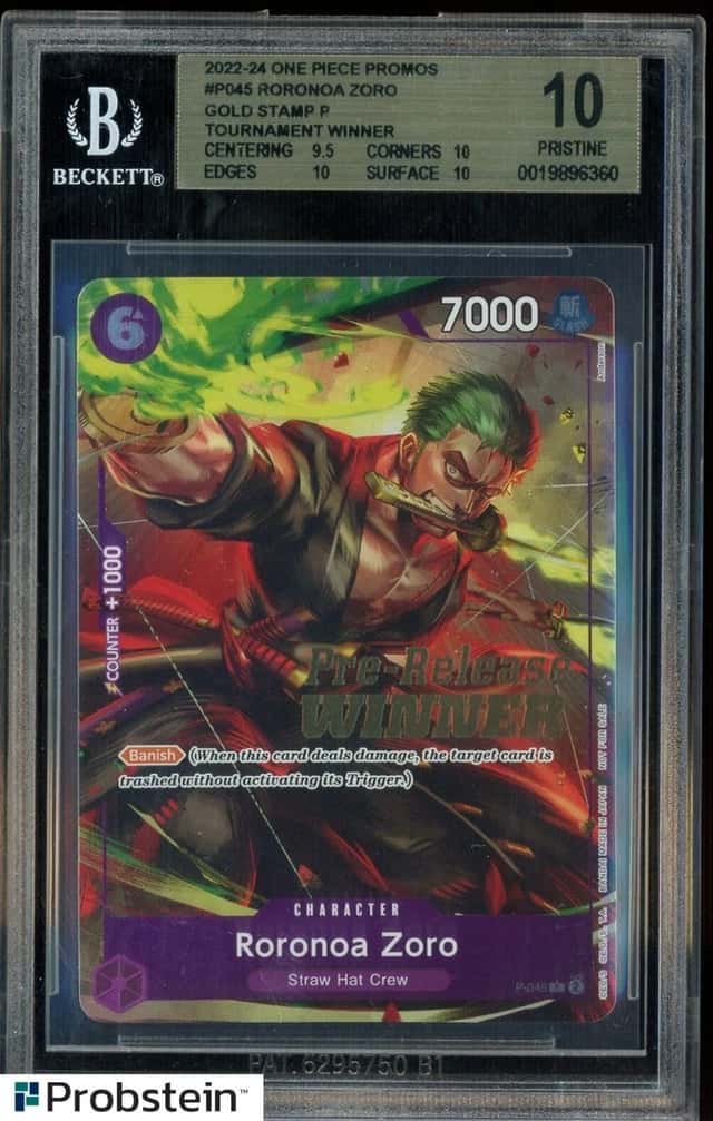 2024 One Piece Promo P-045 Roronoa Zoro Pre-Release Winner Gold Stamp BGS 10