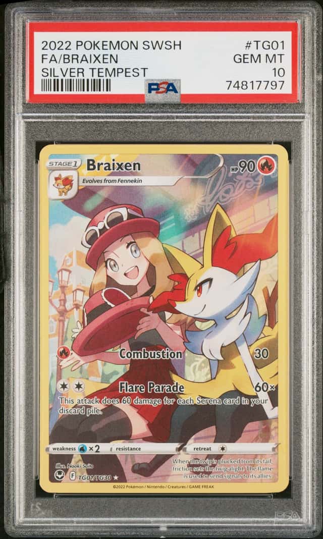2022 POKEMON SWORD & SHIELD SILVER TEMPEST #TG01 FULL ART FA/ BRAIXEN PSA 10