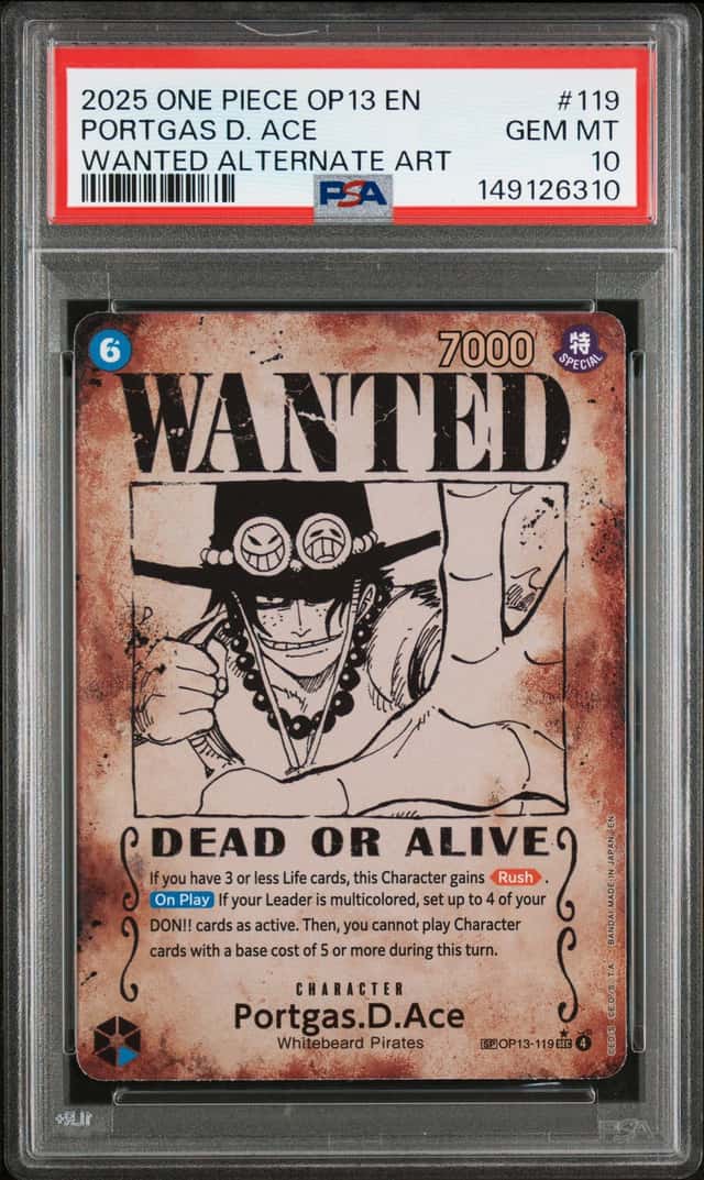 One Piece 2025 Portgas D. Ace OP13-119 Wanted Alternate Art SR GEM MINT PSA 10
