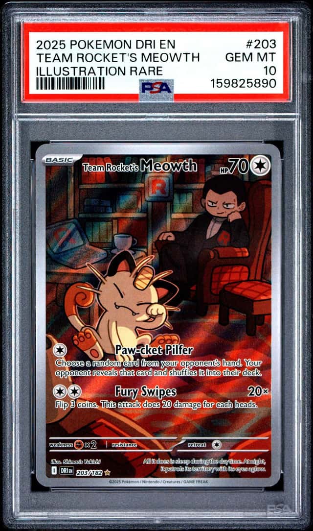2025 Pokemon Scarlet & Violet Destined Rivals IR Team Rocket's Meowth #203 PSA 10 GEM MINT
